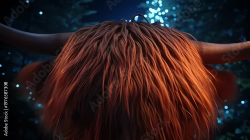 Close-up of Highland Cow Face with Glowing Eyes and Bokeh Lights