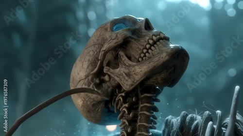 Ethereal Skeleton with Glowing Blue Eyes and Orbs in Dark Fantasy Setting