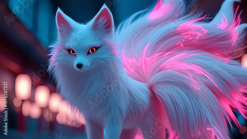 Magical White Fox Spirit with Glowing Tails in Neon Japanese Night Market