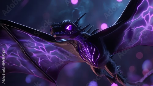 Mystical Black Dragon Flying with Neon Purple Energy in Dark Fantasy Night Sky