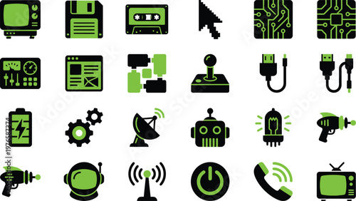 Set of twenty four flat technology icons featuring electronic devices and retro computing components in vibrant green