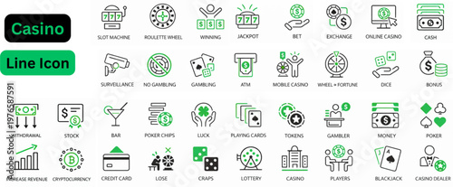 Line art vector of Casino icon set. Casino line icon set. Set of outline icons related to gambling, casino. Linear icon collection. Editable stroke. Vector illustration