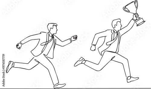 Business Competition Concept Running For Trophy Success Chase Ambition Line Illustration