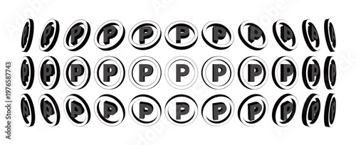 角度が変化するモノクロの3Dポイントコインアイコン・背景素材セット