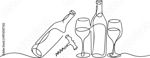 Wine Bottle Glasses Celebration Party Concept Continuous Line Drawing Minimal Illustration