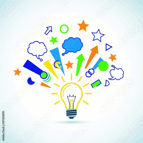Bright idea lightbulb with colorful exploding concepts and symbols of innovation and creativity