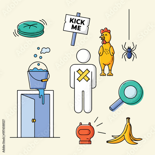 Cartoon illustration featuring a variety of humorous pranks, and objects