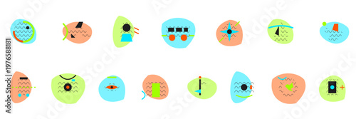 Hand-drawn set of colorful abstract geometric symbols icons shapes on white background for journey illustration