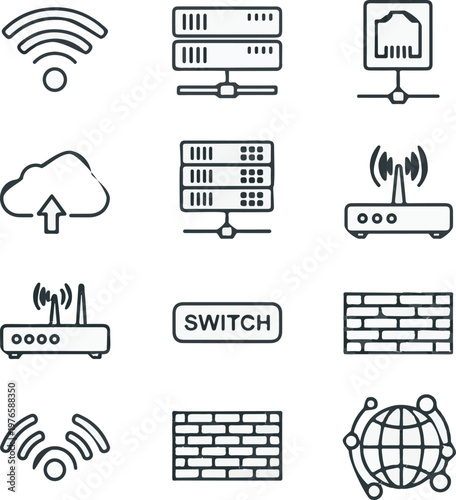 Set of 30 minimalist line icons for network and technology, including wifi, server, router, firewall, and cloud storage symbols on white background.