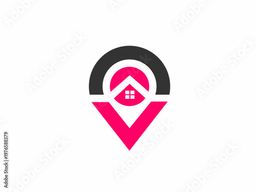 Real Estate Location Map Pin Icon Logo Featuring House Roof and Window Elements for Navigation and Property Search Apps
