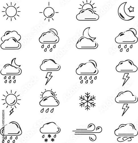 Monoline Icon Set: Diverse Weather Symbols Including Sun, Clouds, Rain, Snow, Moon, and Lightning
