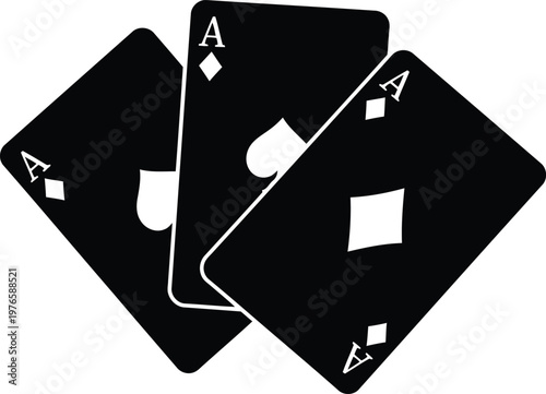 Black and white silhouette illustration of three fanned out ace playing cards on white background.