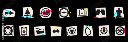 Hand-drawn collection of creative air and sea voyage icons in a stylized mixed media illustration