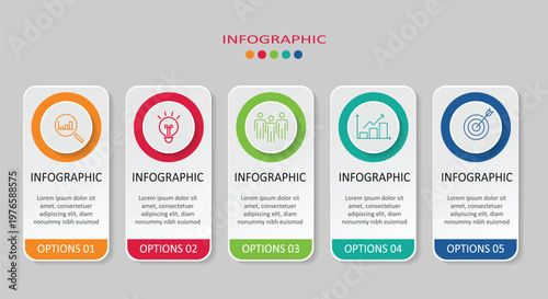 Set of 5 steps rounded rectangles with circle business infographic template. Vertical banner with circle icons for process steps strategy timeline and presentation vector design.