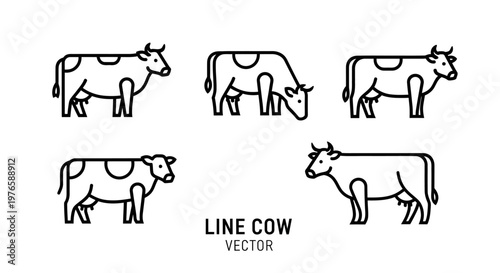 Variety of Minimalist Line Art Cow Illustrations for Farm and Dairy Themes Collection
