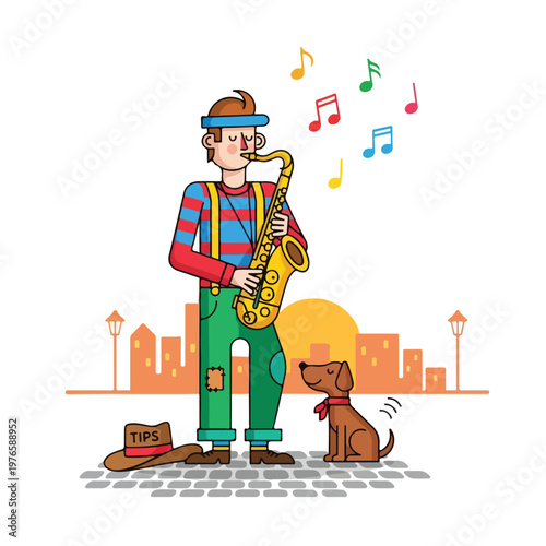 Cartoon illustration of a musician, dog, and floating musical notes