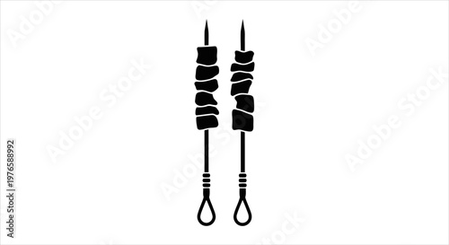 Black and white icon illustration of two meat skewers, perfect for barbecue and grilling concepts