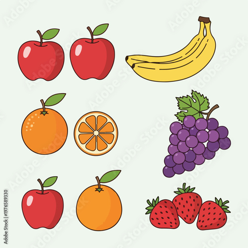 Cartoon illustration of assorted fruits in various forms and arrangements