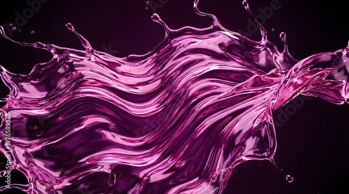 Vibrant purple magenta liquid splash creates dynamic waves and droplets on a dark background