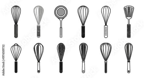 Vector illustration of set of kitchen whisks and spatula icons on a transparent background