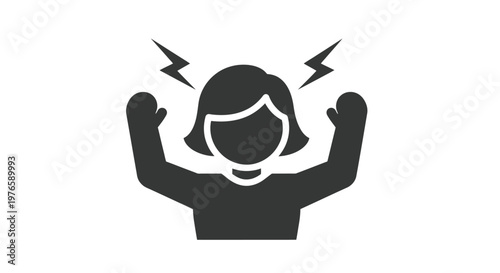Angry woman vector illustration showing frustration and stress through raised fists and lightning bolt symbols in a minimalist black and white graphic design style for projects