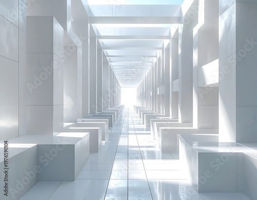 Abstract White Corridor with Geometric Shapes and Light Rays.