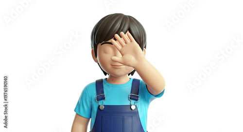 3D Cartoon Boy Covering Eyes with Hand
