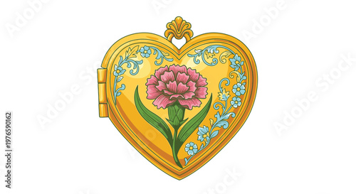Golden heart shaped locket with flower.