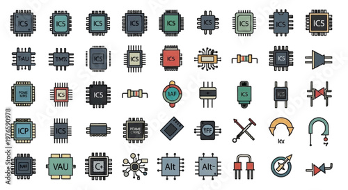 Vector illustration of set of electronic components and integrated circuits icons on a transparent background