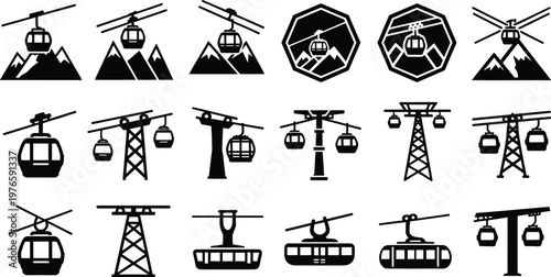 Cable car and gondola silhouette icons, ski lift vector illustration, mountain transport design artwork for tourism, travel, and adventure themes