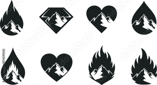 Eight creative mountain icons combined with flame, heart, droplet, diamond shapes, minimalist black and white outdoor adventure design