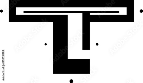 Hand-drawn minimalist black geometric blocky letter T symbol with surrounding dots on white background illustration