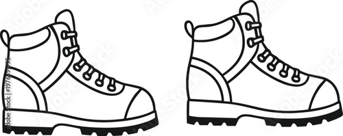 Two outlined hiking boots side by side, detailed treaded sole, lace eyelets, reinforced heel and toe outdoor footwear design