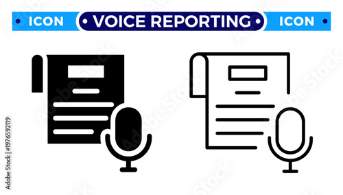 News Article with Microphone and Audio News Voice Reporting Vector Icon Set