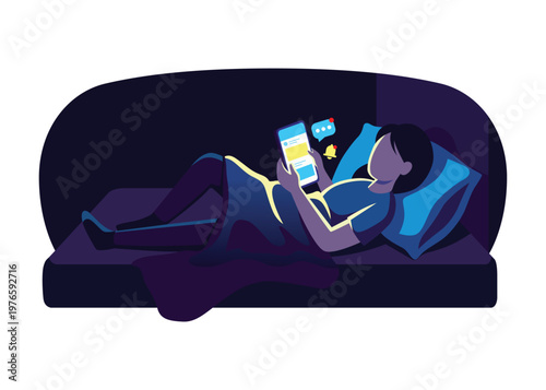 Woman using smartphone in bed at night, sleep disturbance concept