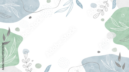 ゆるやかな夏の植物線画の水彩背景フレーム 癒しとリラックスと透明感