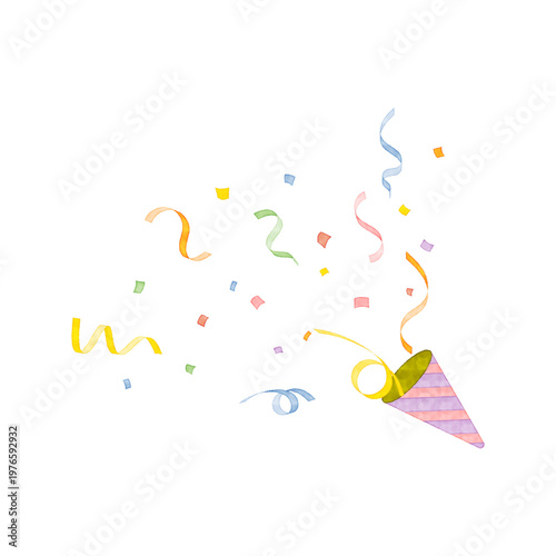 水彩風　クラッカーからリボンと紙吹雪が広がる対角構図のイラスト 　お祝いデザインベクター