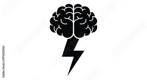 This striking vector illustration depicts a powerful black human brain with a sharp lightning bolt emanating downwards, symbolizing intelligence, creativity, and innovative thought.