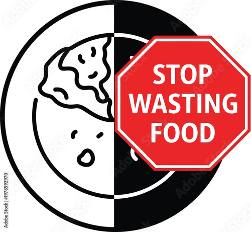 Stop Wasting Food Concept Icon Featuring A Red Warning Sign On A Plate Graphic Design