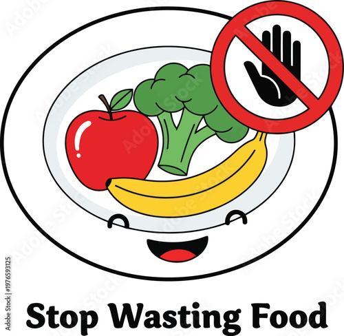 Stop wasting food concept illustration with healthy fruits and vegetables on a happy smiling plate