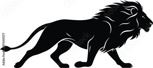 Black silhouette of a majestic walking lion isolated on white background for professional logo design