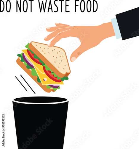 Do Not Waste Food Concept Illustration Showing A Sandwich Being Thrown Into A Trash Can