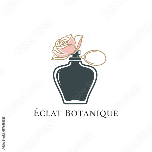 Elegant Perfume Bottle with Rose Logo Design.