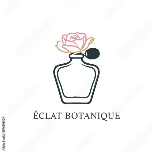 Elegant perfume bottle with rose and botanical essence.