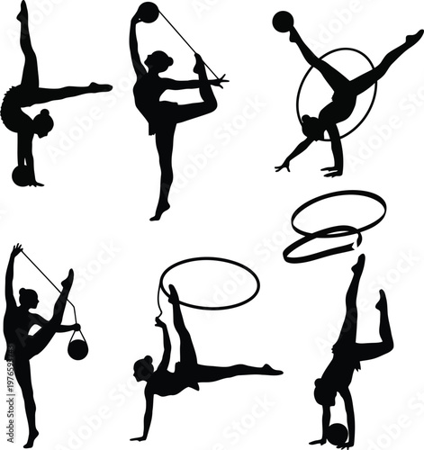 set of rhythmic gymnastics silhouettes with hoops and balls showing artistic athletic poses isolated white
