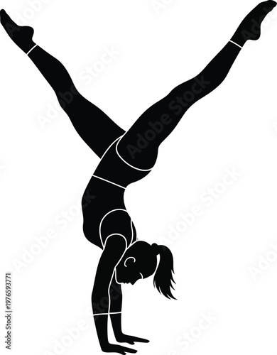 Gymnast performing a handstand split silhouette isolated on white background for sports and fitness design