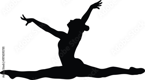 Black silhouette of gymnast performing a split jump isolated on white background for creative design