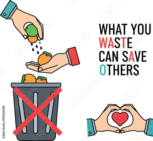 food waste prevention concept illustration showing hands donating fresh produce instead of throwing in trash