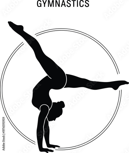 Gymnastics silhouette icon with female athlete performing handstand inside circle frame for sports design branding