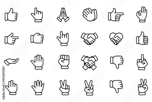 Hand gesture icons set for communication and expression on white background